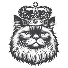 Vintage Hand-Drawn Ragdoll Cat Wearing Crown Illustration – Royal Pet Engraved Style Vector for T-Shirts, Posters, Stickers, and Feline Themes Apparel