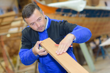 Carpenter inspecting plank of wood
