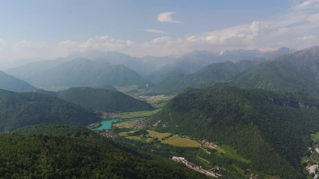 Posocje Valley In Fog With View Of Tolmin And Most Na Soci In Slovenia. wide aerial shot