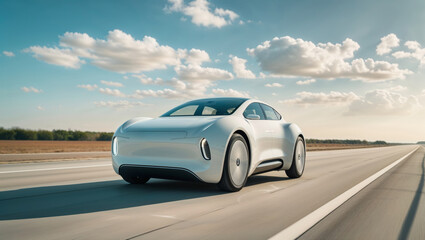 Obraz premium A sleek, white electric car speeds down a highway on a sunny day, showing innovation.