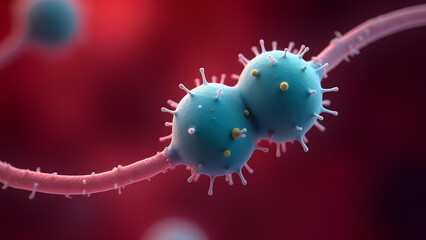 Paired cocci with capsule and thread-like virus glowing teal on red microscopic field.