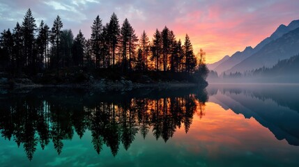 Fototapeta premium Tranquil Mountain Lake Reflection at Dawn: Majestic Peaks & Vibrant Sky