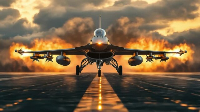 Ready for take-off: A sleek fighter jet stands poised on a runway, exuding power and readiness. Explosive flames burst from the jet's engines, set against the backdrop of a fiery sunset.