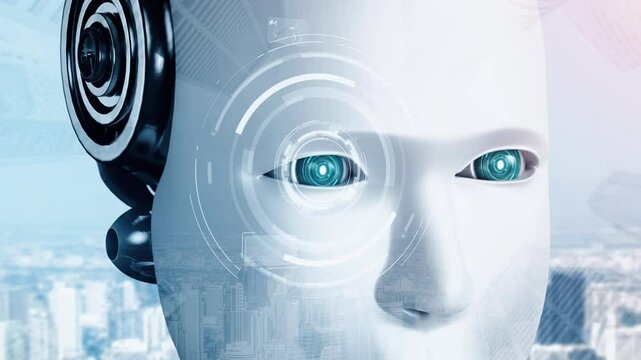 Robot hominoid face close up with graphic concept of big data analytic by AI thinking brain, artificial intelligence and machine learning process for the 4th fourth industrial revolution. 3D rendering