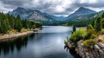 Scenic view of lake in pine forest near beautiful mountain concept. Serene lake surrounded by majestic mountains and lush forests.
