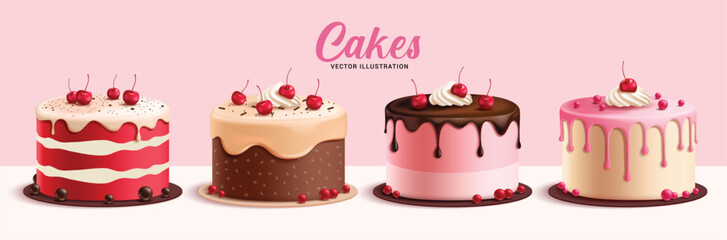 Birthday cake elements clipart set. 3d cake dessert clip art collection in red velvet, chocolate, strawberry and raspberry flavors with cherry and icing toppings decoration vector illustration. 
