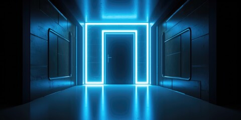 A blue hallway with a neon door