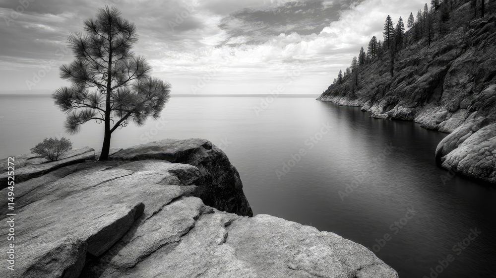 Poster scenic view of lake in pine forest with tree and rock concept. serene coastal landscape with rocky c