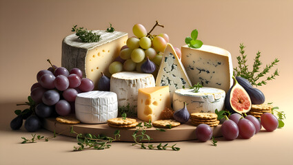 Cheese and grapes on a wooden plate