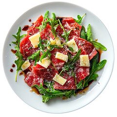 Delicious beef carpaccio with arugula, parmesan cheese, and balsamic vinegar isolated on a white background