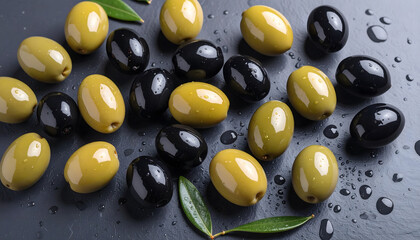 A realistic macro photograph showcasing a colorful mix of various olives immersed in golden olive oil.
