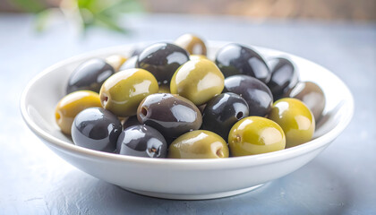 A realistic macro photograph showcasing a colorful mix of various olives immersed in golden olive oil.