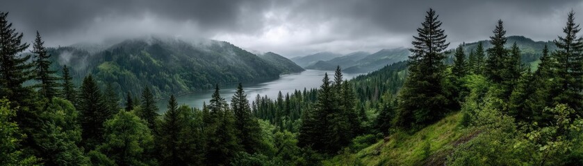 Scenic view of lake in pine forest with tree and rock concept. Breathtaking view of mountains with lush green forests and mist.