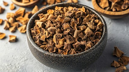 Bowl of dried, diced tan food on textured grey surface
