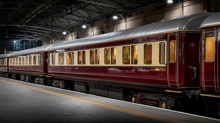 Luxury Train Carriage at Station: An elegant and beautifully maintained vintage train carriage is presented inside a grand station, exuding a sense of old-world charm and luxurious travel.