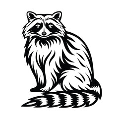 Stylized Raccoon Silhouette, Sitting Positively, Decorative Fur, Black and White Image