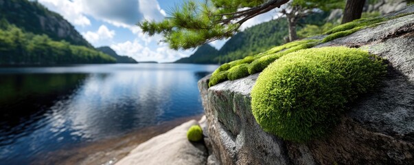 Scenic view of lake in pine forest with tree and rock concept. Scenic view of a serene lake surrounded by lush greenery.