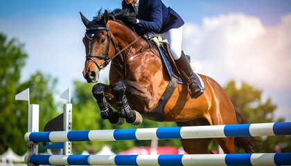 Horse and rider jumping fence at event.