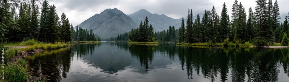 Poster scenic view of lake in pine forest with tree and rock concept. serene lake surrounded by mountains a