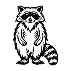Upright Raccoon Silhouette, Facing Front, Striking Fur Details, Black And White Isolated