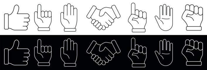 Hand Gesture Icon Set. Minimalist Line and Filled Style Hand Signs for Communication and Interface Design.