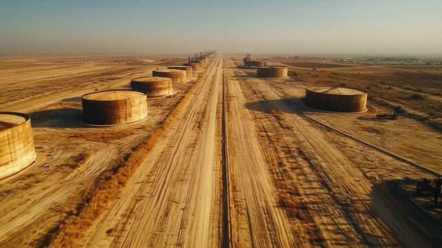 Desert Oil Tanks: A long, straight dirt road cuts through a desolate desert landscape, lined on either side by numerous large, cylindrical oil tanks.