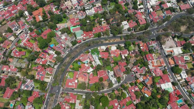 Overhead drone shot of exclusive El Pedregal neighborhood in Mexico City
