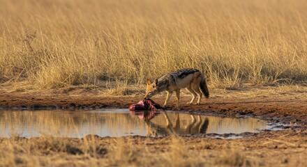 Black-backed Jackal Feasting by Waterhole