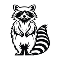 Stylized Standing Raccoon Illustration, Black and White, Bold Outline, Isolated on White
