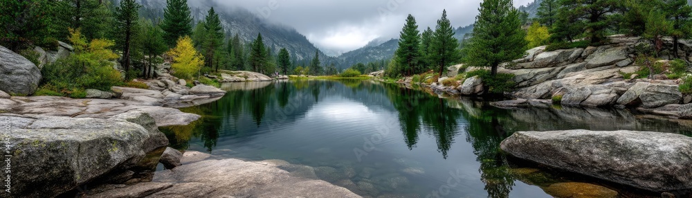 Poster scenic view of lake in pine forest with tree and rock concept. calm waters and mountains create a se
