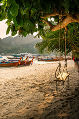 Background of longtail boats on the seashore of Phi Phi Island, Thailand