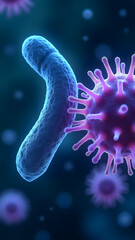Arched bacterium and spiky polyhedral virus with violet glow under microscope.