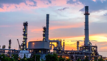 Obraz premium Industrial plant with smokestacks at sunset.