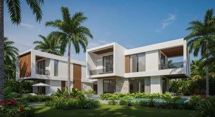 Fototapeta premium Modern Tropical Villa Design - Luxury beachfront villa with stunning architecture, private pool, and lush landscaping. Ideal for vacation rentals or high-end living