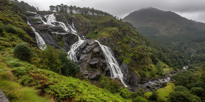 Earth Day Concept. A stunning waterfall flows gracefully down rugged cliffs, embraced by lush greenery and towering mountains. This serene landscape captures the beauty of nature harmoniously.