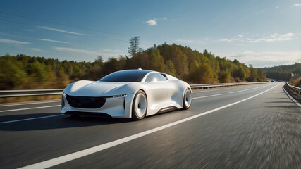 Naklejka premium Sleek white electric sports car driving fast on a highway with trees in the background on a sunny day.