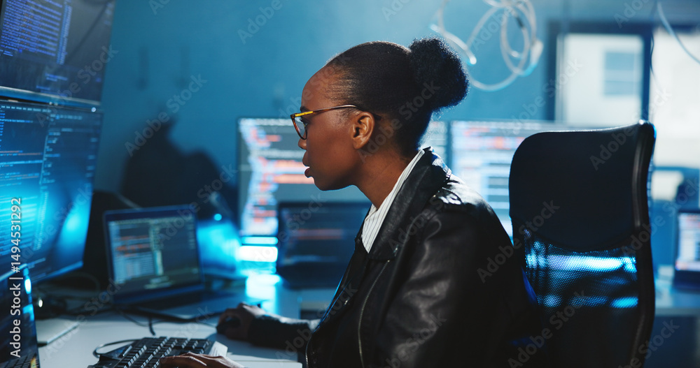 Poster Hacker, coding and woman with computer, night and data for cyber espionage, system and phishing in office. Online, programming and person with tech for ransomware, spy and hacking for fraud or scam