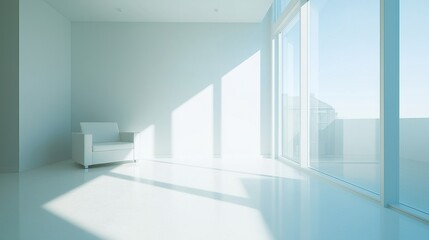 Fototapeta premium Bright minimalist living room with clean modern furniture and soft natural light, embodying serene Scandinavian simplicity.