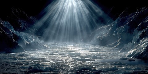 Ethereal Light Shining Over Frozen Landscape in a Mysterious Cave