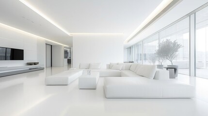 Bright minimalist living room with clean modern furniture and soft natural light, embodying serene Scandinavian simplicity.