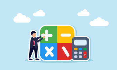 Businessman stacking math operator boxes beside calculator representing business risk calculation
