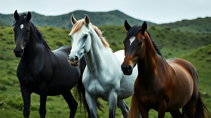 Three Horses in Field with Mountain Backdrop, Generative AI