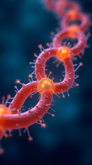 Linked bacilli and helical spiked virus glowing orange under microscope.