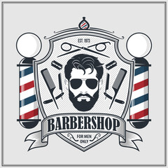 Barbershop logo, poster or banner design concept with barber pole and bearded men. Vector illustration	