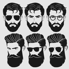 Set of vector bearded men faces hipsters. Fashion silhouette, emblem, icon, label. Vector illustration