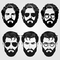 Set of vector bearded men faces hipsters. Fashion silhouette, emblem, icon, label. Vector illustration