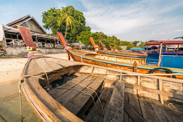 Background of longtail boats on the seashore of Phi Phi Island, Thailand