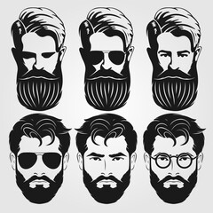 Set of vector bearded men faces hipsters. Fashion silhouette, emblem, icon, label. Vector illustration