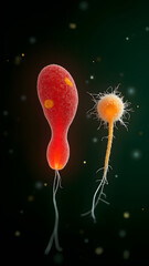Curved vibrio and DNA-injecting phage glowing red on green microscopic field.