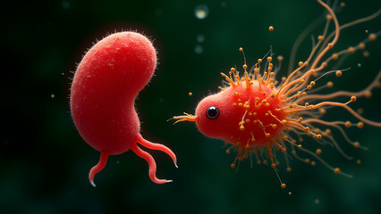 Curved vibrio and DNA-injecting phage glowing red on green microscopic field.